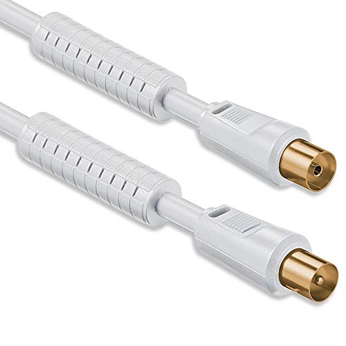 1aTTack.de Antennenkabel 7,5 Meter (100 db) mit Ferrite Mantelstromfilter, 2x geschirmt vergoldet, Koax-Stecker > Koax-Buchse (vollständig geschirmt) Koax weiß St-Ku mit FE gold 100db von 1aTTack.de
