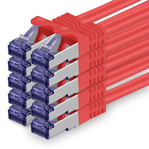 Cat.7 Netzwerkkabel 1m - Rot - 10 Stück - Cat7 Patchkabel (SFTP/PIMF/LSZH) Rohkabel 10 Gb/s mit Rj 45 Stecker Cat.6a - 10 x 1 Meter Rot von 1aTTack.de