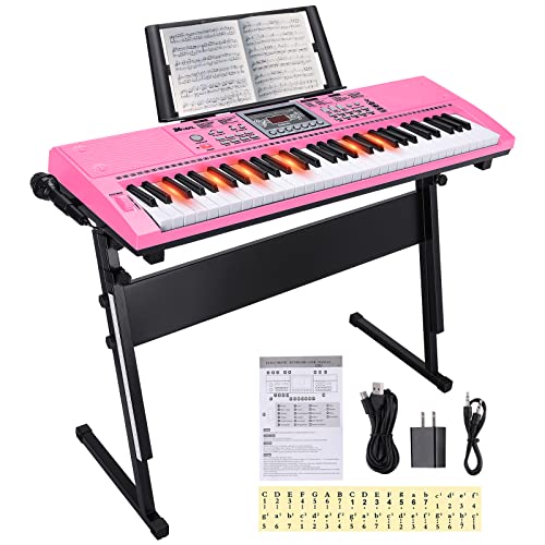 24HOCL 61 Key Premium Electric Keyboard Piano for Beginners with Stand, Built-in Dual Speakers, Microphone, Headphone, Stand & Display Panel (Rosa) von 24HOCL