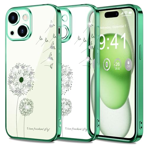 2Buyshop Kompatibel mit iPhone 15 Hülle Original Silikon Transparent Löwenzahn Blumen Glitzer Muster Handyhülle für iPhone 15 Hülle Anti-Gelb Stoßfeste Kratzfeste Dünn Schutzhülle für iPhone 15 Case von 2Buyshop