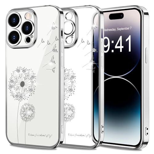 2Buyshop für iPhone 14 Pro Max Hülle Original Silikon Transparent Löwenzahn Blumen Glitzer Muster Handyhülle für iPhone 14 Pro Max Hülle Kratzfeste Dünn Schutzhülle für iPhone 14 Pro Max Case Cover von 2Buyshop