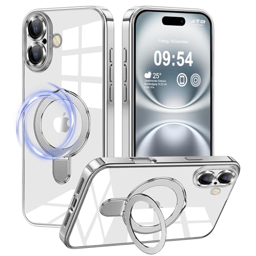 2Buyshop für iPhone 16 Hülle für Mag-Safe Original Silikon Transparent Anti Gelb [Unsichtbarer Ständer] Handyhülle für iPhone 16 Case Stoßfest Kameraschutz Schutzhülle für iPhone 16 Cover von 2Buyshop