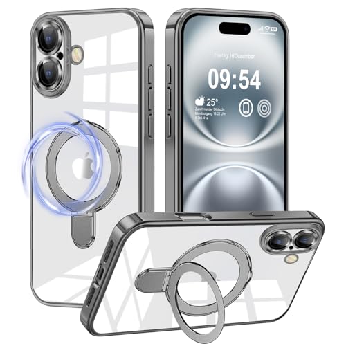 2Buyshop für iPhone 16 Hülle für Mag-Safe Original Silikon Transparent Anti Gelb [Unsichtbarer Ständer] Handyhülle für iPhone 16 Case Stoßfest Kameraschutz Schutzhülle für iPhone 16 Cover von 2Buyshop