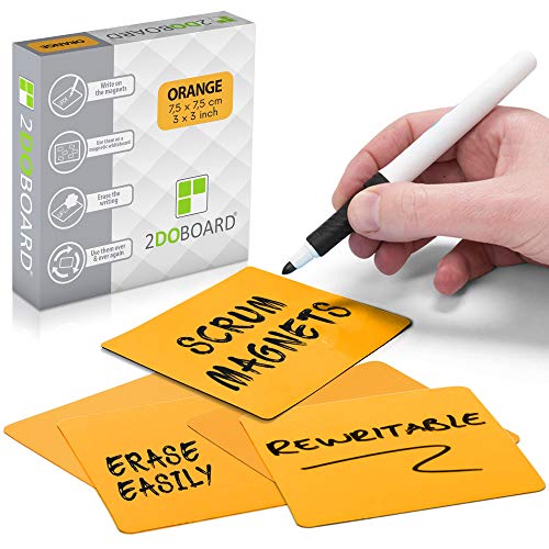 2DOBOARD Beschreibbare Magnete - 7,5 x 7,5 cm Orange - 25 Stück - Kanban Magnete, Scrum Magnetische Karten oder Magnetstreifen beschreibbar für Whiteboard und Kühlschrank (Orange) von 2DOBOARD