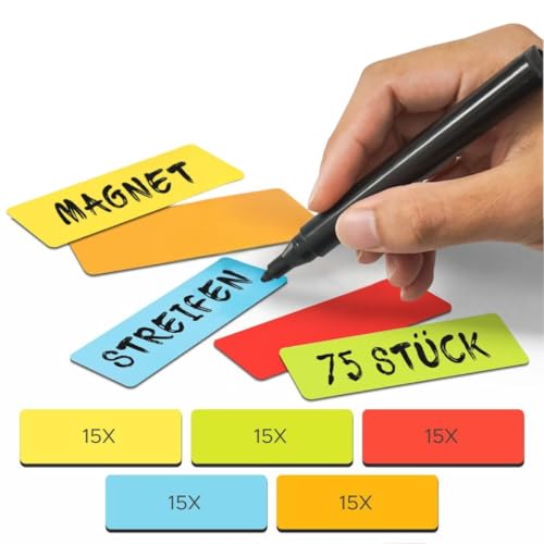 2DOBOARD Magnetstreifen beschreibbar - 7,5 cm x 2,5 cm Bunt - 75 Stück - Magnetschilder zum beschriften – Für Kühlschrank, Whiteboard & Tafel - Magnetetiketten von 2DOBOARD
