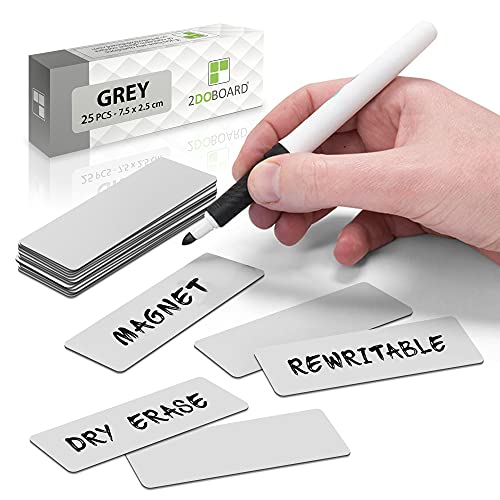 2DOBOARD Magnetstreifen beschreibbar - 7,5 cm x 2,5 cm Grau - 25 Stück - Magnetschilder zum beschriften – Für Kühlschrank, Whiteboard & Tafel - Magnetetiketten von 2DOBOARD