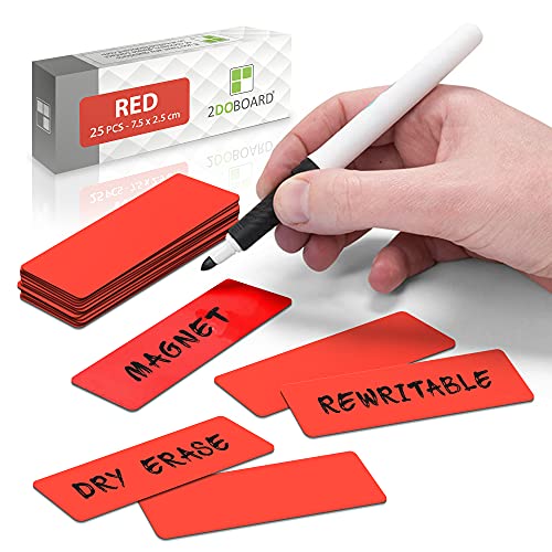 2DOBOARD Magnetstreifen beschreibbar - 7,5 cm x 2,5 cm Rot - 25 Stück - Magnetschilder zum beschriften – Für Kühlschrank, Whiteboard & Tafel - Magnetetiketten von 2DOBOARD