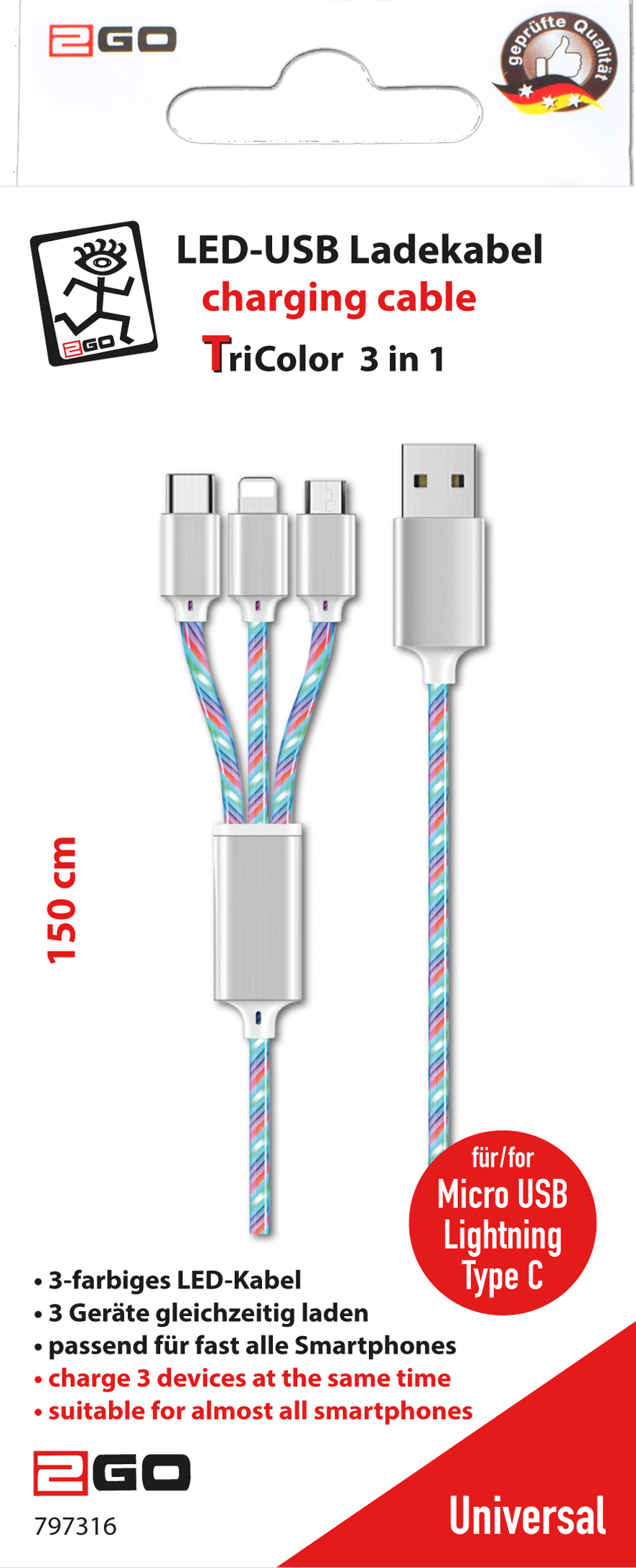 2GO 797316 USB Kabel 1,5 m USB B USB C/Micro-USB B/Lightning Mehrfarbig (797316) von 2GO