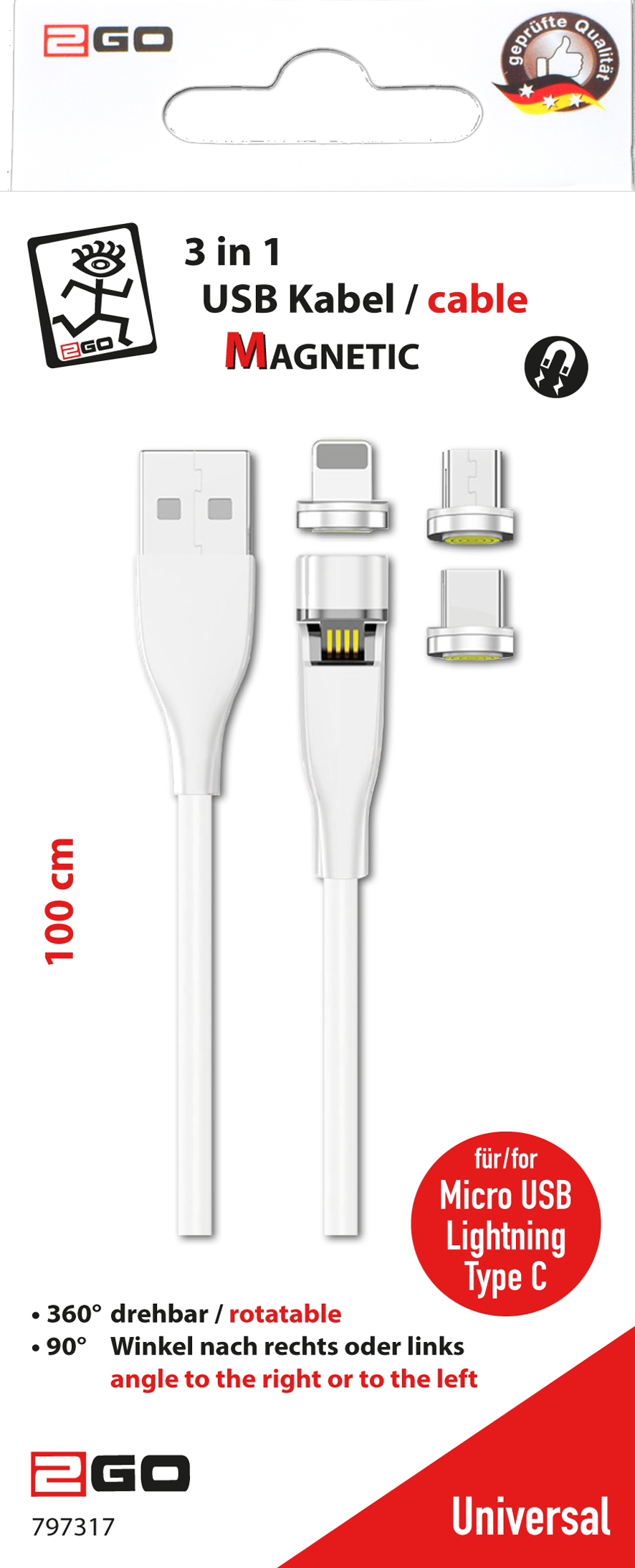 2GO 797317 USB Kabel 1 m USB B USB C/Micro-USB B/Lightning Weiß (797317) von 2GO