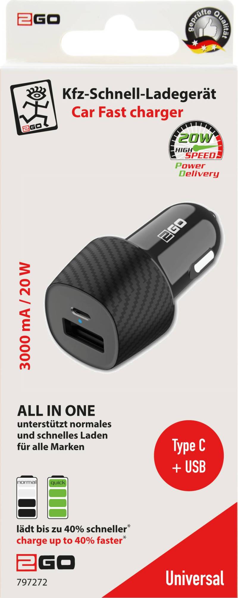 2GO KFZ-Ladegerät 20W   1xUSB-C  1xUSB-A   schwarz von 2GO