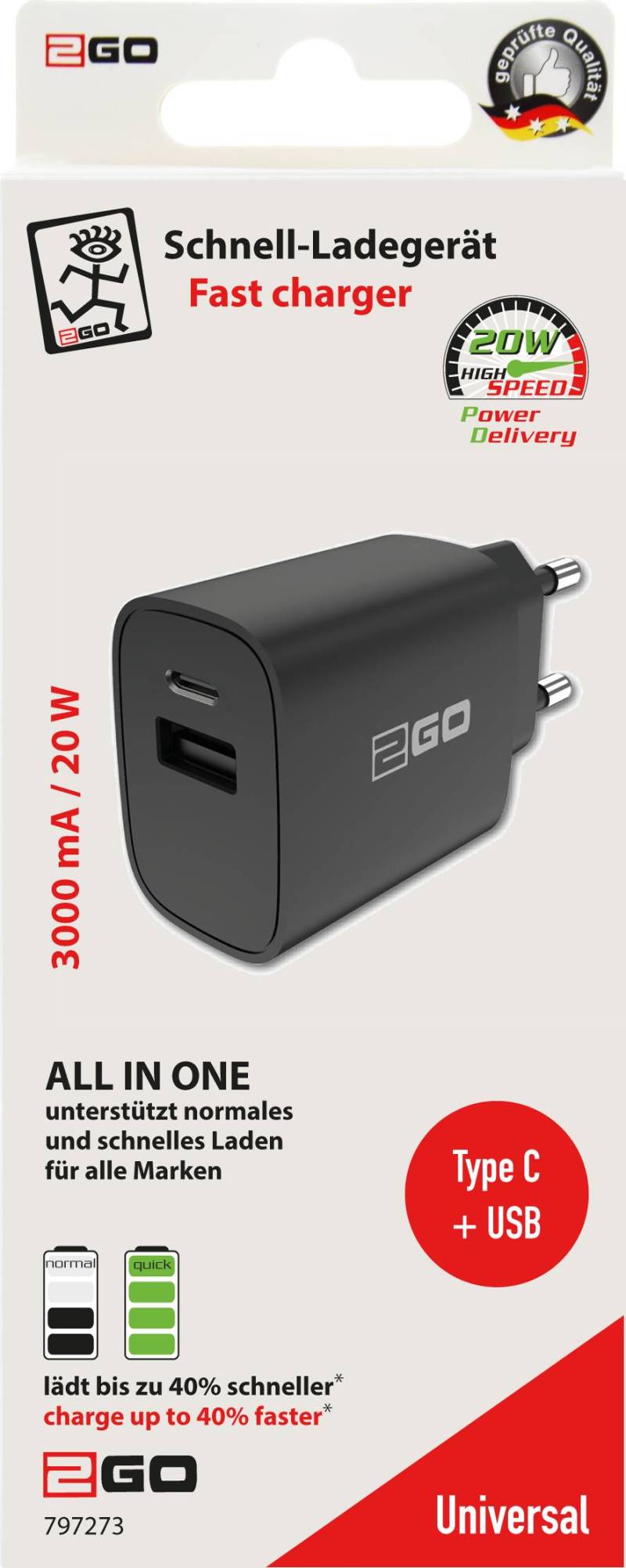 2GO Ladegerät 20W 2-Port 1x USB-A u. 1x USB-C    schwarz von 2GO