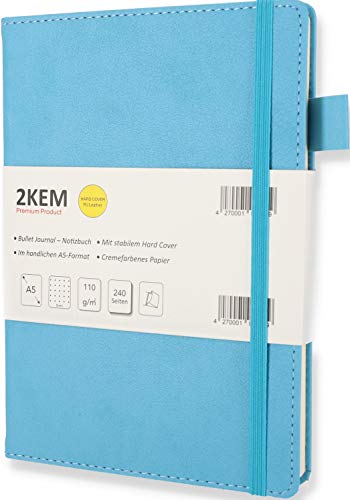 2KEM Notizbuch A5 - Bullet Journal - Hardcover (PU-Leder), 240 Seiten cremefarbenes Papier / 110g/m², Dotted/gepunktet, mit Falttasche, Gummiband, Stifthalter, Lesezeichen - Ideal als Geschenk von 2KEM