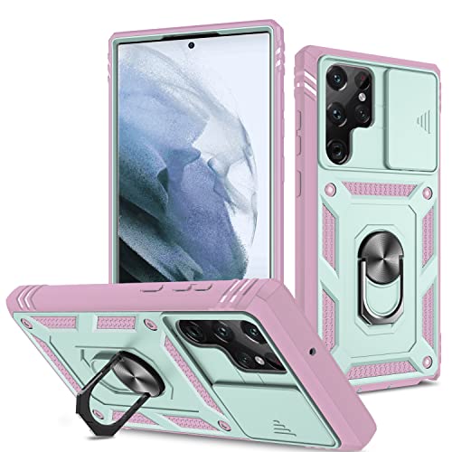 Kameraschutz Hülle kompatibel mit Samsung Galaxy S22 Ultra, Hybrid Schutzhülle Standard Stoßfest Case 360 Metall Ring Halter Handy Hüllen Cover,Grün Rosa von 2NDSPRlNG