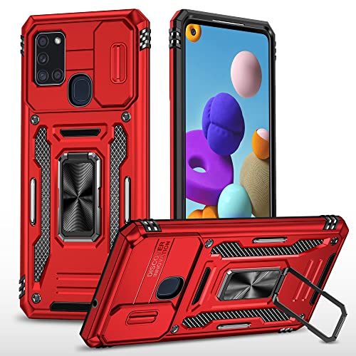 2NSPDRGNI Kameraschutz Hülle kompatibel mit Samsung Galaxy A21S,Schutzhülle Standard Stoßfest Cover 360 Metall Ring Halter Handy Hüllen Case,Rot von 2NSPDRGNI