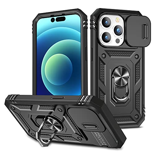 2NSPDRGNI Kameraschutz Hülle kompatibel mit iPhone 14 Pro, Hybrid Schutzhülle Standard Stoßfest Case 360 Metall Ring Halter Handy Hüllen Cover,Schwarz von 2NSPDRGNI