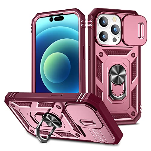 2NSPDRGNI Kameraschutz Hülle kompatibel mit iPhone 14 Pro Max, Hybrid Schutzhülle Standard Stoßfest Case 360 Metall Ring Halter Handy Hüllen Cover,Rosa Rot von 2NSPDRGNI