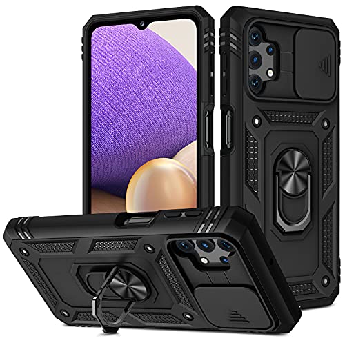 2ndSpring Kameraschutz Hülle kompatibel mit Samsung Galaxy A32 5G, Hybrid Schutzhülle Standard Stoßfest Case 360 Metall Ring Halter Handy Hüllen Cover,Schwarz von 2ndSpring