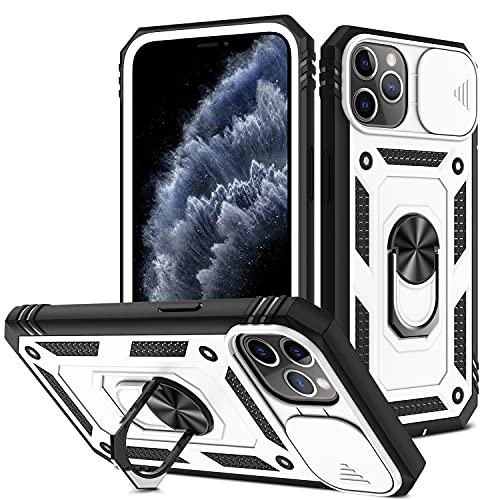 2ndSpring Kameraschutz Hülle kompatibel mit iPhone 11 Pro 5.8, Hybrid Schutzhülle Standard Stoßfest Case 360 Metall Ring Halter Handy Hüllen Cover,Weiß Schwarz von 2ndSpring