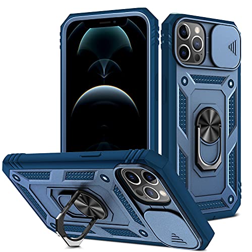 2ndSpring Kameraschutz Hülle kompatibel mit iPhone 12 Pro Max 6.7, Hybrid Schutzhülle Standard Stoßfest Case 360 Metall Ring Halter Handy Hüllen Cover,Blau von 2ndSpring