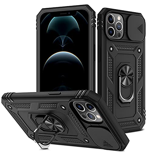 2ndSpring Kameraschutz Hülle kompatibel mit iPhone 12 Pro Max 6.7, Hybrid Schutzhülle Standard Stoßfest Case 360 Metall Ring Halter Handy Hüllen Cover,Schwarz von 2ndSpring