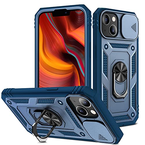 2ndSpring Kameraschutz Hülle kompatibel mit iPhone 13 6.1, Hybrid Schutzhülle Standard Stoßfest Case 360 Metall Ring Halter Handy Hüllen Cover,Blau von 2ndSpring