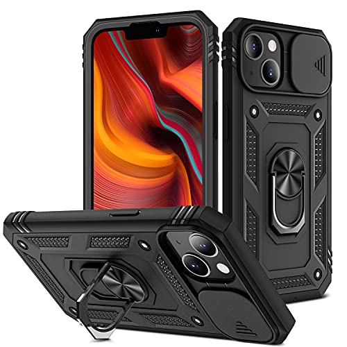 2ndSpring Kameraschutz Hülle kompatibel mit iPhone 13 6.1, Hybrid Schutzhülle Standard Stoßfest Case 360 Metall Ring Halter Handy Hüllen Cover,Schwarz von 2ndSpring