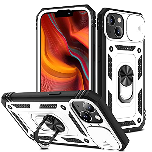 2ndSpring Kameraschutz Hülle kompatibel mit iPhone 13 Mini 5.4, Hybrid Schutzhülle Standard Stoßfest Case 360 Metall Ring Halter Handy Hüllen Cover,Weiß Schwarz von 2ndSpring