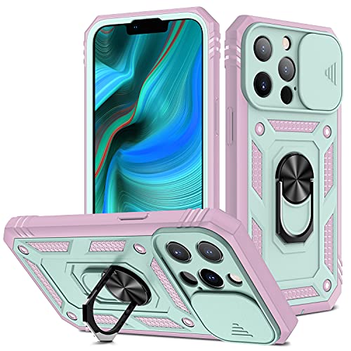 2ndSpring Kameraschutz Hülle kompatibel mit iPhone 13 Pro Max 6.7, Hybrid Schutzhülle Standard Stoßfest Case 360 Metall Ring Halter Handy Hüllen Cover,Grün Rosa von 2ndSpring