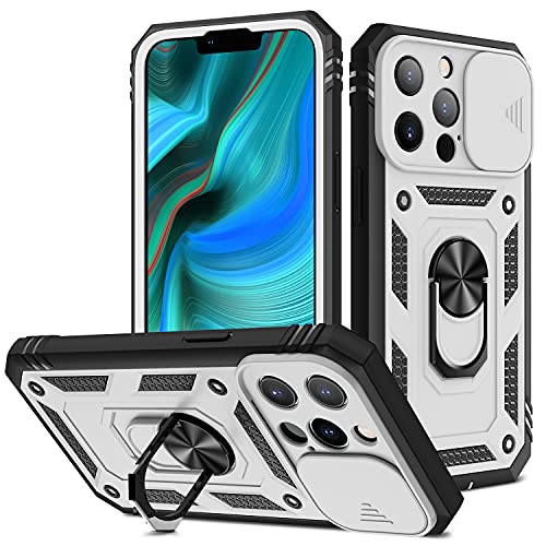 2ndSpring Kameraschutz Hülle kompatibel mit iPhone 13 Pro Max 6.7, Hybrid Schutzhülle Standard Stoßfest Case 360 Metall Ring Halter Handy Hüllen Cover,Weiß Schwarz von 2ndSpring