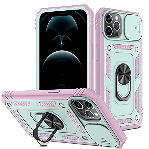 2ndSpring Kameraschutzhülle Kompatibel mit iPhEins 12 Pro Max 6.7, Hybrid Schutzhülle Standard Stoßfestes Case 360 Metallringhalter Handyhülle Cover, Grün Pink von 2ndSpring