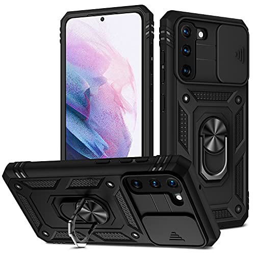 Kameraschutz Hülle kompatibel mit Samsung Galaxy S21 FE 5G, Hybrid Schutzhülle Standard Stoßfest Case 360 Metall Ring Halter Handy Hüllen Cover,Schwarz von 2ndSpring