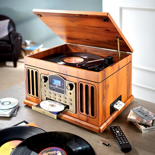 3 PAGEN® Vielseitige Musikanlage – geeignet für CD, Kassetten, Schallplatten, MP3, USB, SD-Karte und Bluetooth, mit UKW-Radio, Retro-Stereoanlage inklusive Fernbedienung & Kopfhöreranschluss von 3 PAGEN