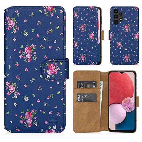 32nd Blumen Series 2.0 - Leder-Mappen-Hülle Case Cover für Samsung Galaxy A13 4G (2022) & A04S, Blumendesign hüllen Entwurf gemacht Mit Kartensteckplatz und Magnetverschluss - Weinlese-Rosen-Indigo von 32nd