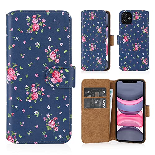 32nd Blumen Series 2.0 - PU Leder-Mappen-Hülle Case Cover für Apple iPhone 11 (6.1"), Blumendesign hüllen Entwurf gemacht Mit Kartensteckplatz und Magnetverschluss - Weinlese-Rosen-Indigo von 32nd