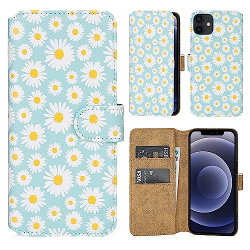 32nd Blumen Series 2.0 - PU Leder-Mappen-Hülle Case Cover für Apple iPhone 12 (6.1") / iPhone 12 Pro (6.1"), Blumendesign hüllen Mit Kartensteckplatz und Magnetverschluss - Blaues Gänseblümchen von 32nd