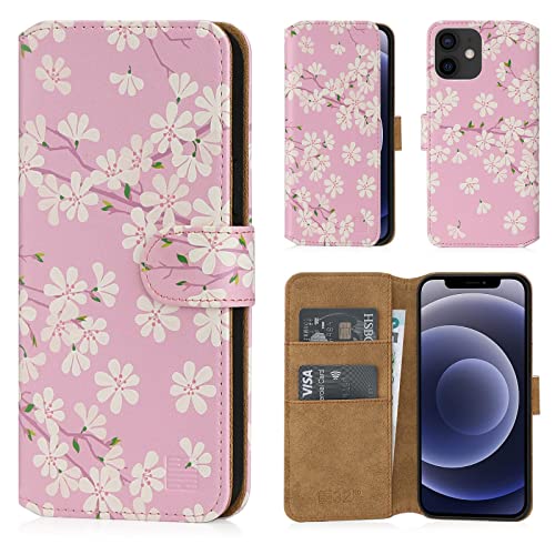 32nd Blumen Series 2.0 - PU Leder-Mappen-Hülle Case Cover für Apple iPhone 12 (6.1") / iPhone 12 Pro (6.1"), Blumendesign hüllen Mit Kartensteckplatz und Magnetverschluss - Kirschblüte von 32nd