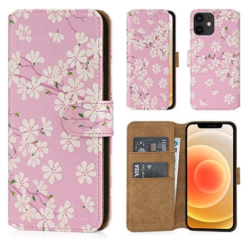32nd Blumen Series 2.0 - PU Leder-Mappen-Hülle Case Cover für Apple iPhone 12 Mini (5.4"), Blumendesign hüllen Entwurf gemacht Mit Kartensteckplatz und Magnetverschluss - Kirschblüte von 32nd