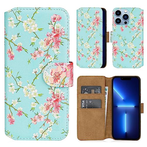 32nd Blumen Series 2.0 - PU Leder-Mappen-Hülle Case Cover für Apple iPhone 13 Pro (6.1"), Blumendesign hüllen Entwurf gemacht Mit Kartensteckplatz und Magnetverschluss - Frühlings-Blau von 32nd