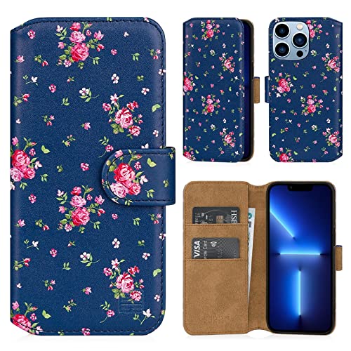 32nd Blumen Series 2.0 - PU Leder-Mappen-Hülle Case Cover für Apple iPhone 13 Pro (6.1"), Blumendesign hüllen Entwurf gemacht Mit Kartensteckplatz und Magnetverschluss - Weinlese-Rosen-Indigo von 32nd