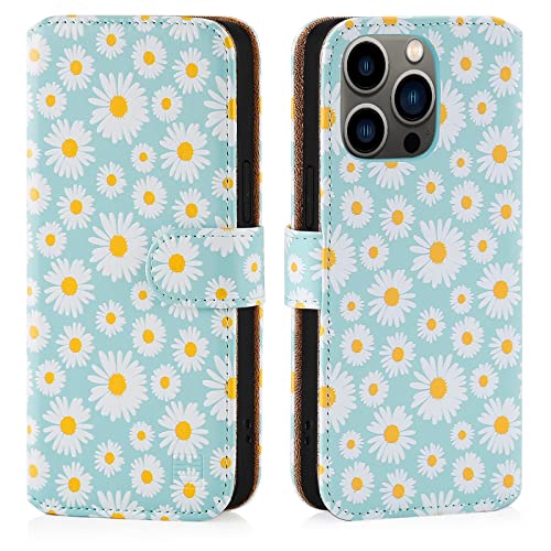 32nd Blumen Series 3.0 - PU Leder-Mappen-Hülle Case Cover für Apple iPhone 14 Pro (6.1"), Blumendesign hüllen Entwurf gemacht Mit Kartensteckplatz und Magnetverschluss - Blaues Gänseblümchen von 32nd
