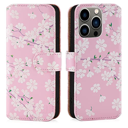 32nd Blumen Series 3.0 - PU Leder-Mappen-Hülle Case Cover für Apple iPhone 14 Pro (6.1"), Blumendesign hüllen Entwurf gemacht Mit Kartensteckplatz und Magnetverschluss - Kirschblüte von 32nd