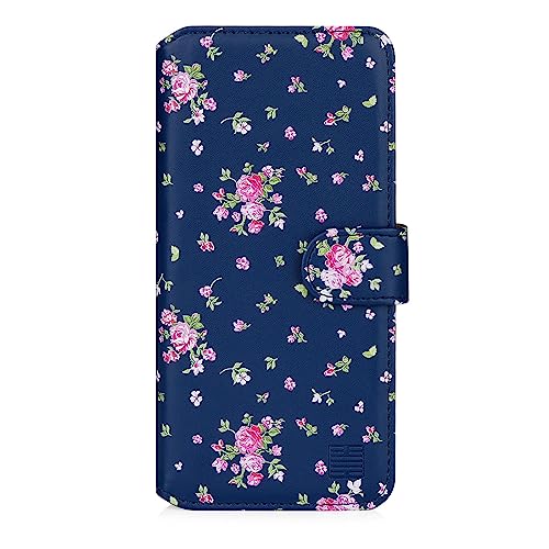 32nd Blumen Series 3.0 - PU Leder-Mappen-Hülle Case Cover für Apple iPhone 15 (6.1"), Blumendesign hüllen Mit RFID-Blockierung Kartensteckplatz, Magnetverschluss und Standfuß - Weinlese-Rosen-Indigo von 32nd
