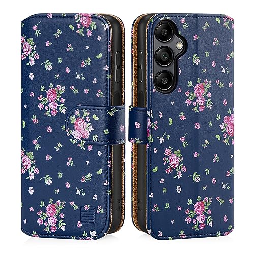 32nd Blumen Series 3.0 - PU Leder-Mappen-Hülle Case Cover für Galaxy S23 FE, Blumendesign hüllen Mit RFID-Blockierung Kartensteckplatz, Magnetverschluss und Standfuß - Weinlese-Rosen-Indigo von 32nd