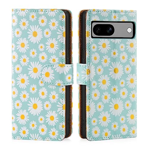 32nd Blumen Series 3.0 - PU Leder-Mappen-Hülle Case Cover für Google Pixel 7A, Blumendesign hüllen Mit RFID-Blockierung Kartensteckplatz, Magnetverschluss und Standfuß - Blaues Gänseblümchen von 32nd