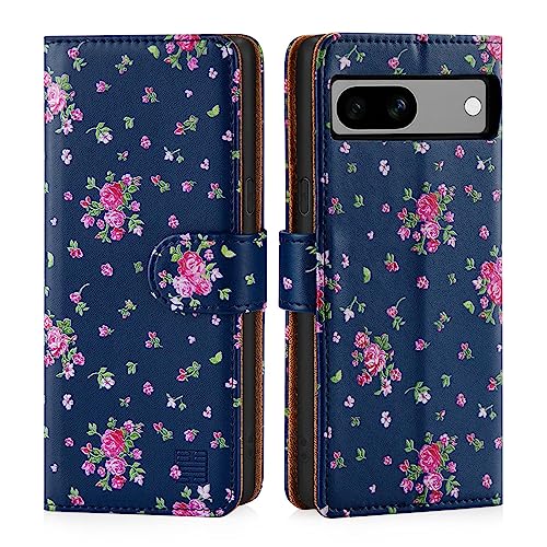 32nd Blumen Series 3.0 - PU Leder-Mappen-Hülle Case Cover für Google Pixel 7A, Blumendesign hüllen Mit RFID-Blockierung Kartensteckplatz, Magnetverschluss und Standfuß - Weinlese-Rosen-Indigo von 32nd