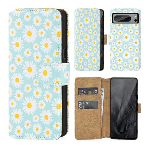 32nd Blumen Series 3.0 - PU Leder-Mappen-Hülle Case Cover für Google Pixel 8 Pro, Blumendesign hüllen Mit RFID-Blockierung Kartensteckplatz, Magnetverschluss und Standfuß - Blaues Gänseblümchen von 32nd
