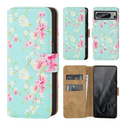 32nd Blumen Series 3.0 - PU Leder-Mappen-Hülle Case Cover für Google Pixel 8 Pro, Blumendesign hüllen Mit RFID-Blockierung Kartensteckplatz, Magnetverschluss und Standfuß - Frühlings-Blau von 32nd