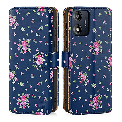 32nd Blumen Series 3.0 - PU Leder-Mappen-Hülle Case Cover für Motorola Moto E13, Blumendesign hüllen Mit RFID-Blockierung Kartensteckplatz, Magnetverschluss und Standfuß - Weinlese-Rosen-Indigo von 32nd