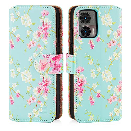 32nd Blumen Series 3.0 - PU Leder-Mappen-Hülle Case Cover für Motorola Moto Edge 30 Neo, Blumendesign hüllen Mit Kartensteckplatz, Magnetverschluss und Standfuß - Frühlings-Blau von 32nd