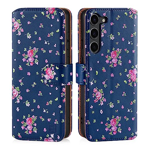 32nd Blumen Series 3.0 - PU Leder-Mappen-Hülle Case Cover für Samsung Galaxy S23, Blumendesign hüllen Mit RFID-Blockierung Kartensteckplatz, Magnetverschluss und Standfuß - Weinlese-Rosen-Indigo von 32nd